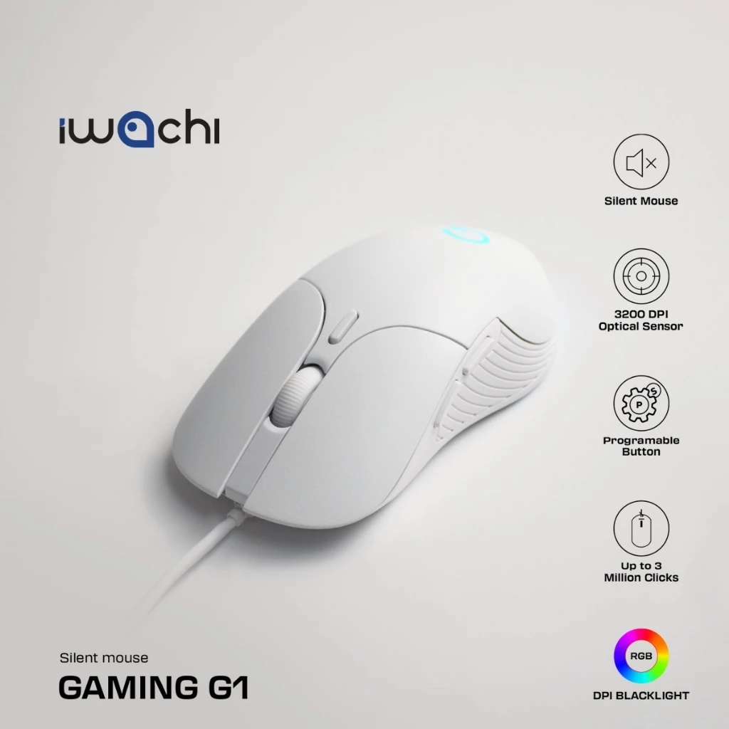 เมาส์ IWACHI G1 สำหรับเกมมิ่ง มีสายปุ่มกดไร้เสียง ระบบออปติคอล DPI 800/1600/2400/3200 (ตั้งค่าได้)