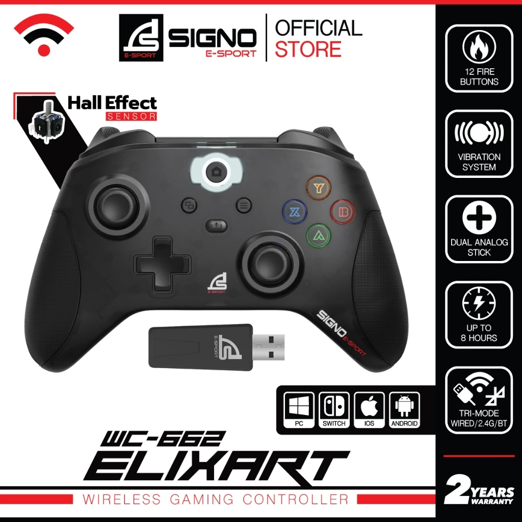 SIGNO WC-662 จอยเกมมิ่งไร้สาย Wireless Gaming Controller Hall Effect เชื่อมต่อ 3 ระบบ (BT/2.4G/สาย)