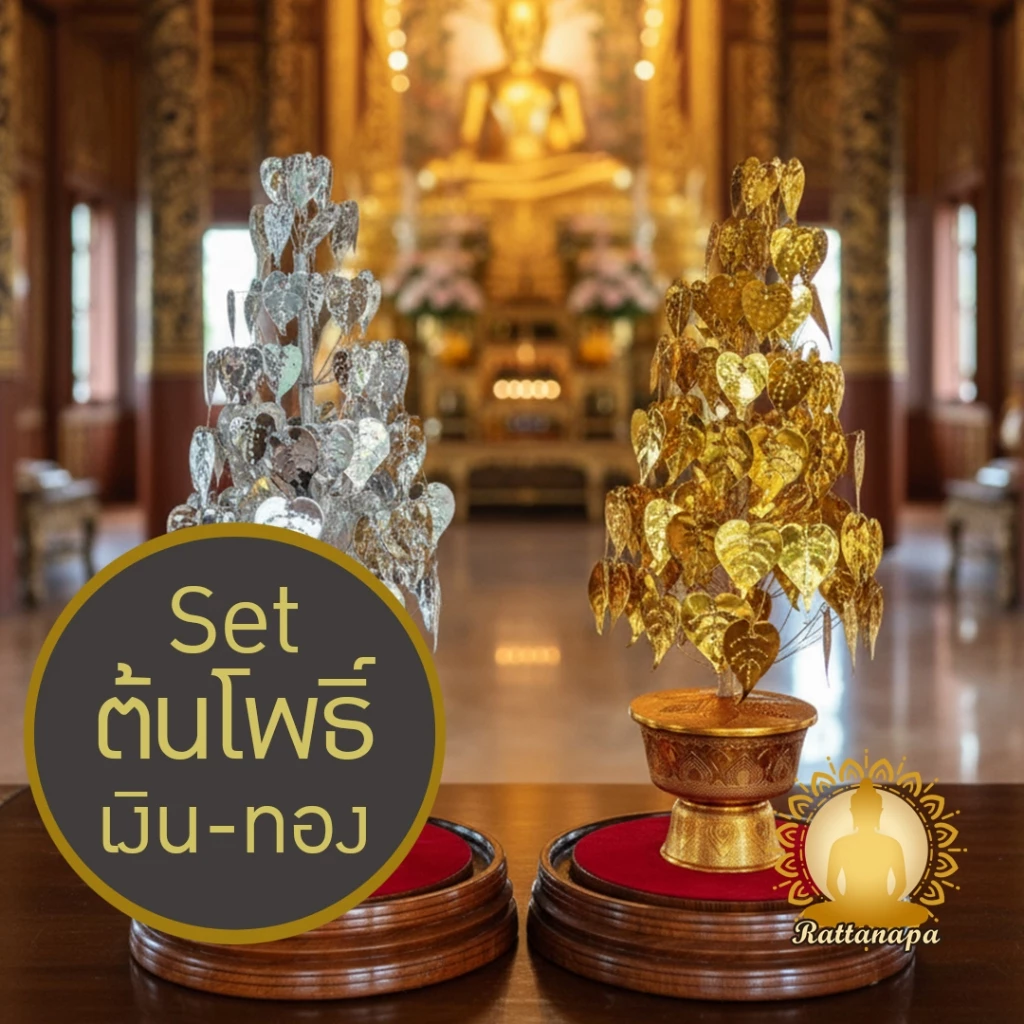 Set ต้นโพธิ์เงิน–ทอง 7 ชั้น สูง 17" พร้อมฐานไม้รองผ้ากำมะหยี่ 9.5" งานมงคลตั้งโต๊ะบูชา สวยหรู พรีเมียม — ของมงคลหมวดเครื่องรางและวัตถุมงคล