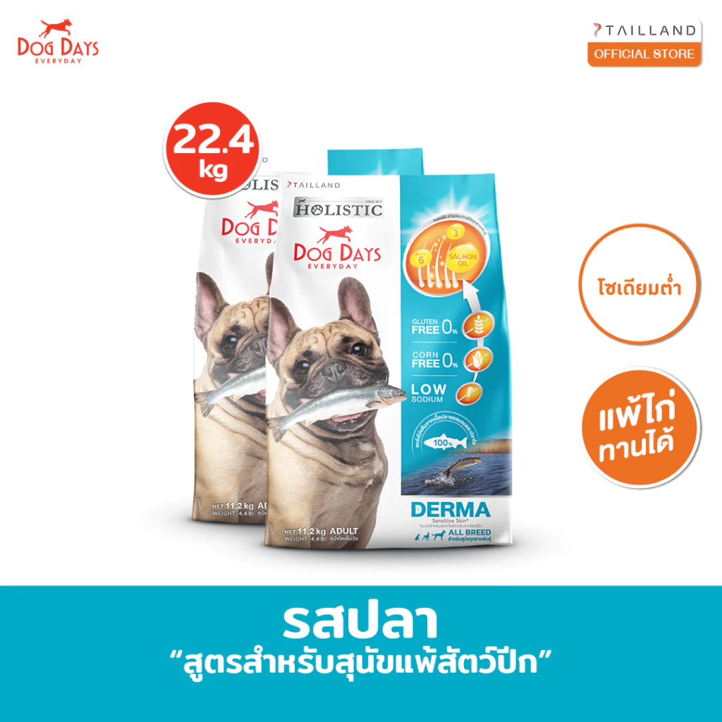 Dog Days อาหารสุนัขรสปลา (22.4 kg) Derma เกรด Holistic สูตรสำหรับแพ้ไก่โดยเฉพาะ โซเดียมต่ำ
