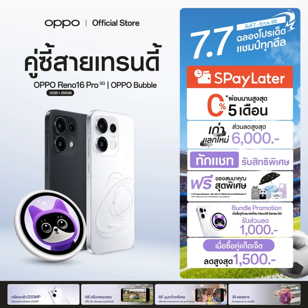 7.7 [เก่าแลกใหม่][ใหม่] OPPO Reno16 Pro | โทรศัพท์มือถือ ออปโป้ ดีไซน์สวย3มิติ กล้องคมชัด 200MP พอร์ตเทรต 3.5x วิดีโอ 4K