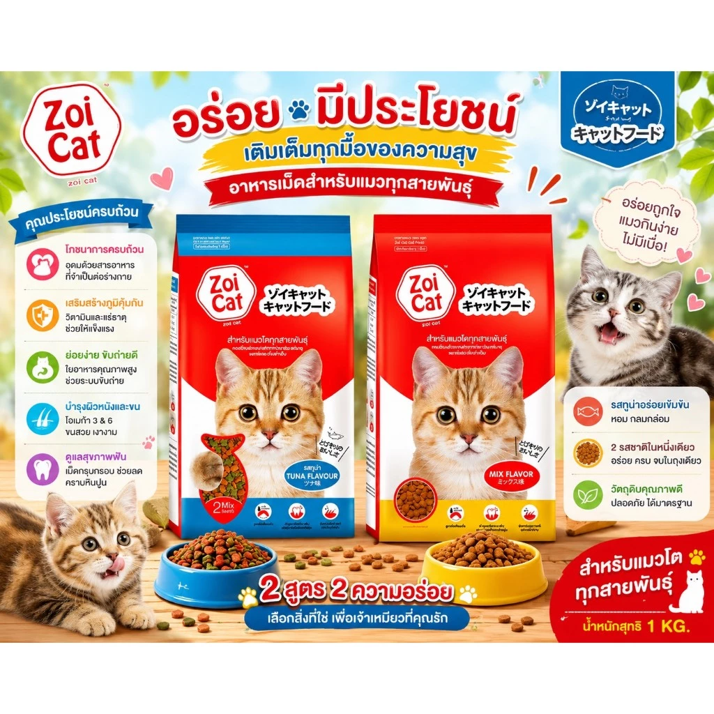 Zoi Cat Dry Cat food mix flavour อาหารแมว โตทุกสายพันธุ์ ซอยแคท รวมรส และ รสทูน่า ขนาด 1 kg