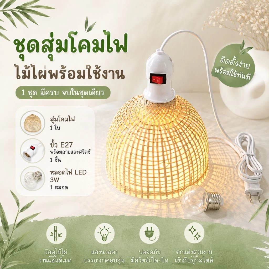 ชุดสุ่มโคมไฟไม้ไผ่ พร้อมใช้งาน ขั้วE27 แถมหลอดไฟ 3W (แยกชิ้นมีขาย) โคมไฟแต่งบ้าน โคมไฟคาเฟ่ โคมไฟแขวน โคมไฟมินิมอล — ของมงคลหมวดบ้านและฮวงจุ้ย