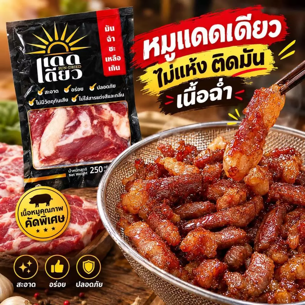 หมูแดดเดียวพรีเมียม อบลมร้อน สะอาด ไร้ฝุ่น ไร้แมลง เนื้อนุ่ม ฉ่ำ ทอดง่าย