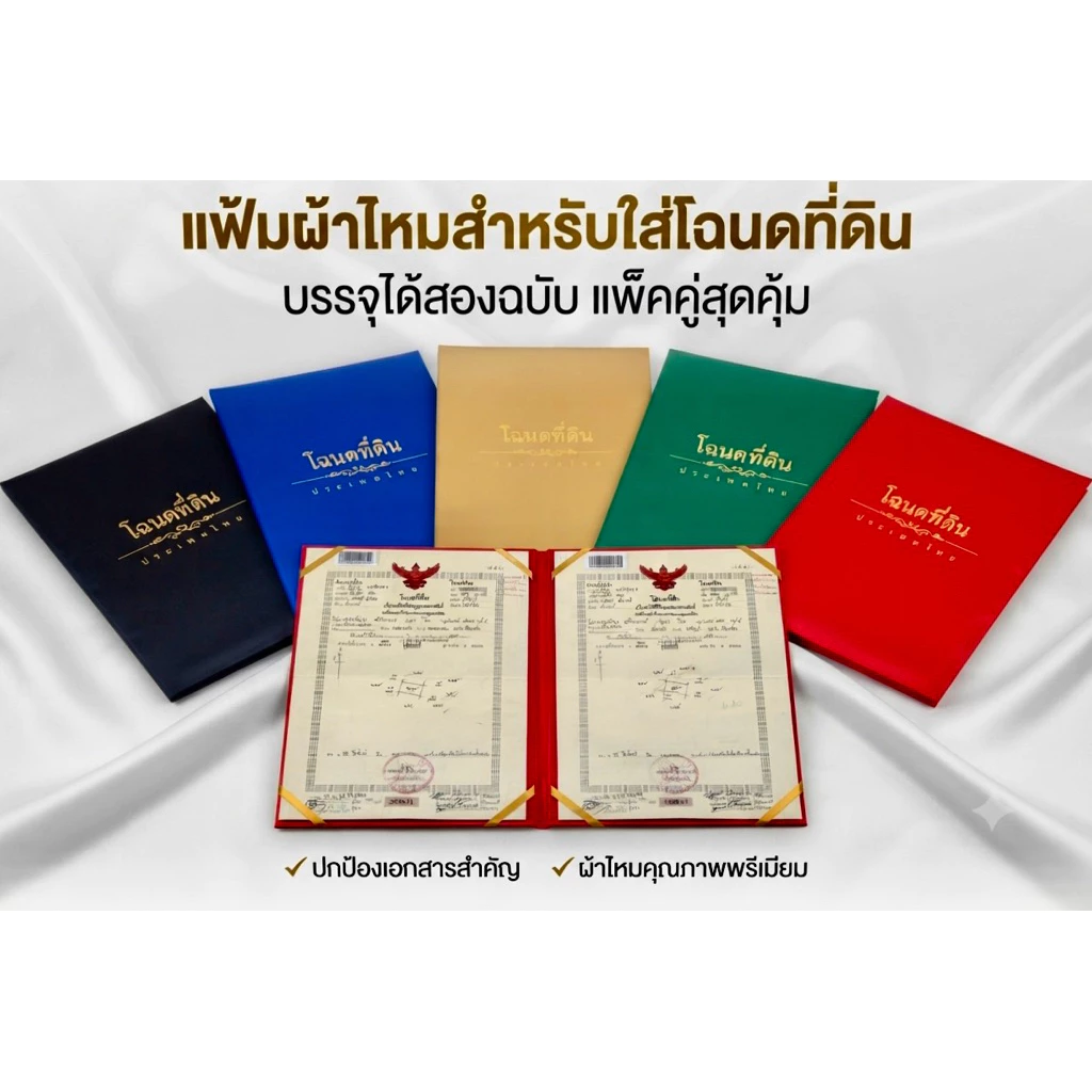 แฟ้มใส่โฉนดที่ดินรุ่นใส่ได้ 2 ฉบับ  (โฉนดรุ่นใหม่ 24 x 36 Cm) บุฟองน้ำนุ่มมือล็อกริ้บบิ้นสีทอง 8มุมแฟ้มห่อหุ้มด้วยผ้าไหม
