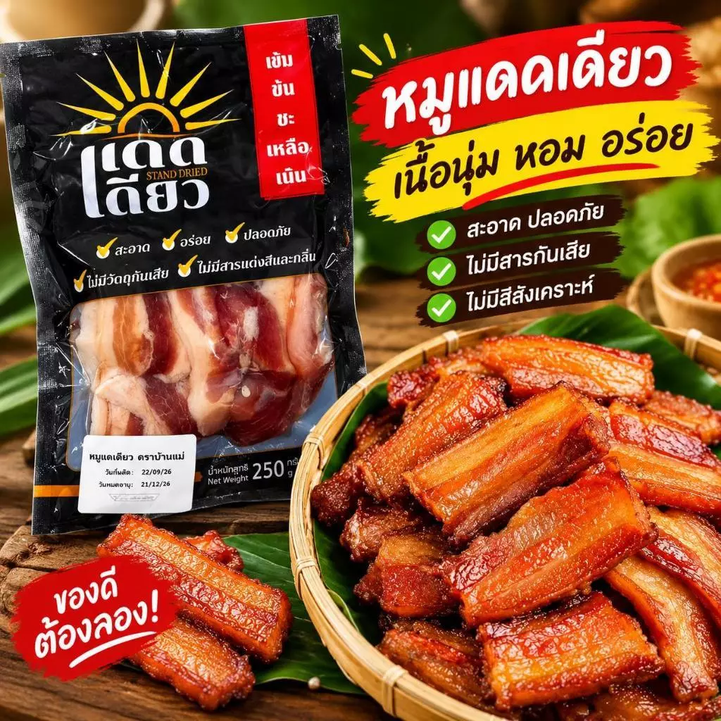 หมูสามชั้นแดดเดียว (ตราบ้านแม่) ไม่ใส่สารกันเสีย สะอาด ปลอดภัน มีอย. มาตราฐานโรงงาน